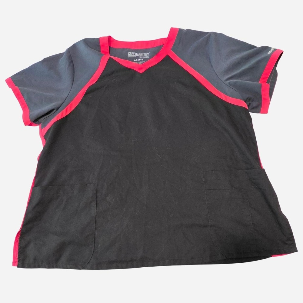 Greys Anatomy Black and pink scrub top with gray sleeves and pink trim